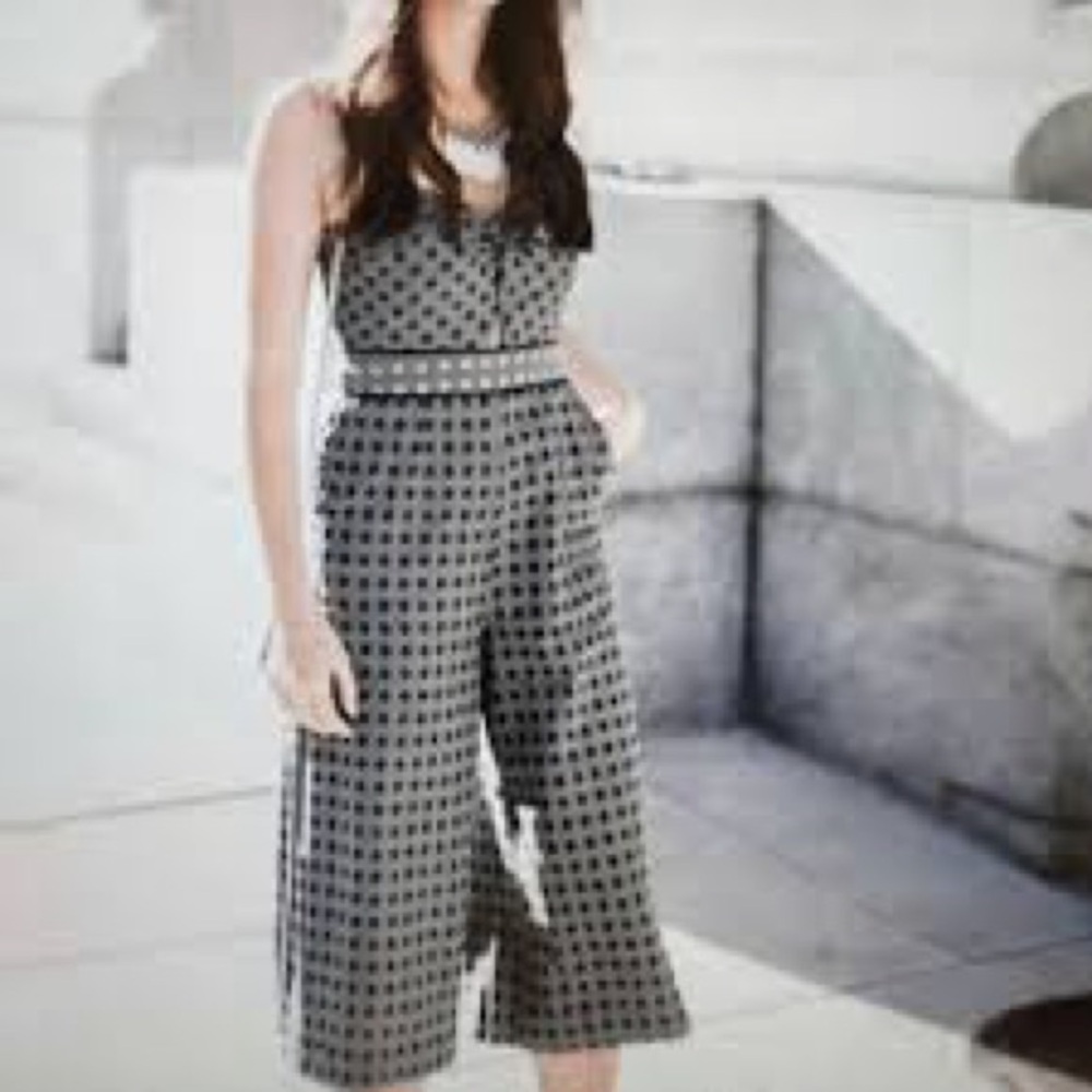 Anthropologie ELEVENSES Remy Wide Leg Crop Jumpsuit Navy Blue & Cream Size 6